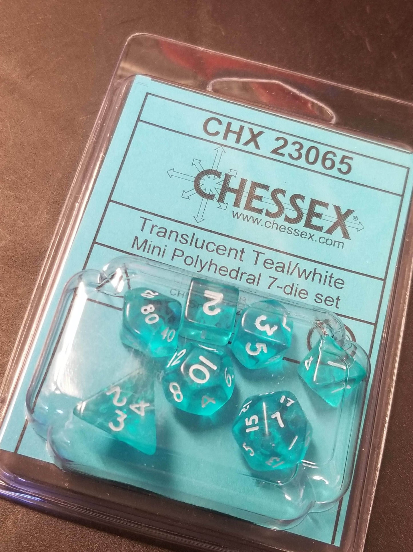 Chessex Translucent Teal w/ White Mini Polyhedral 7-die Set CHX 23065 OOP - 