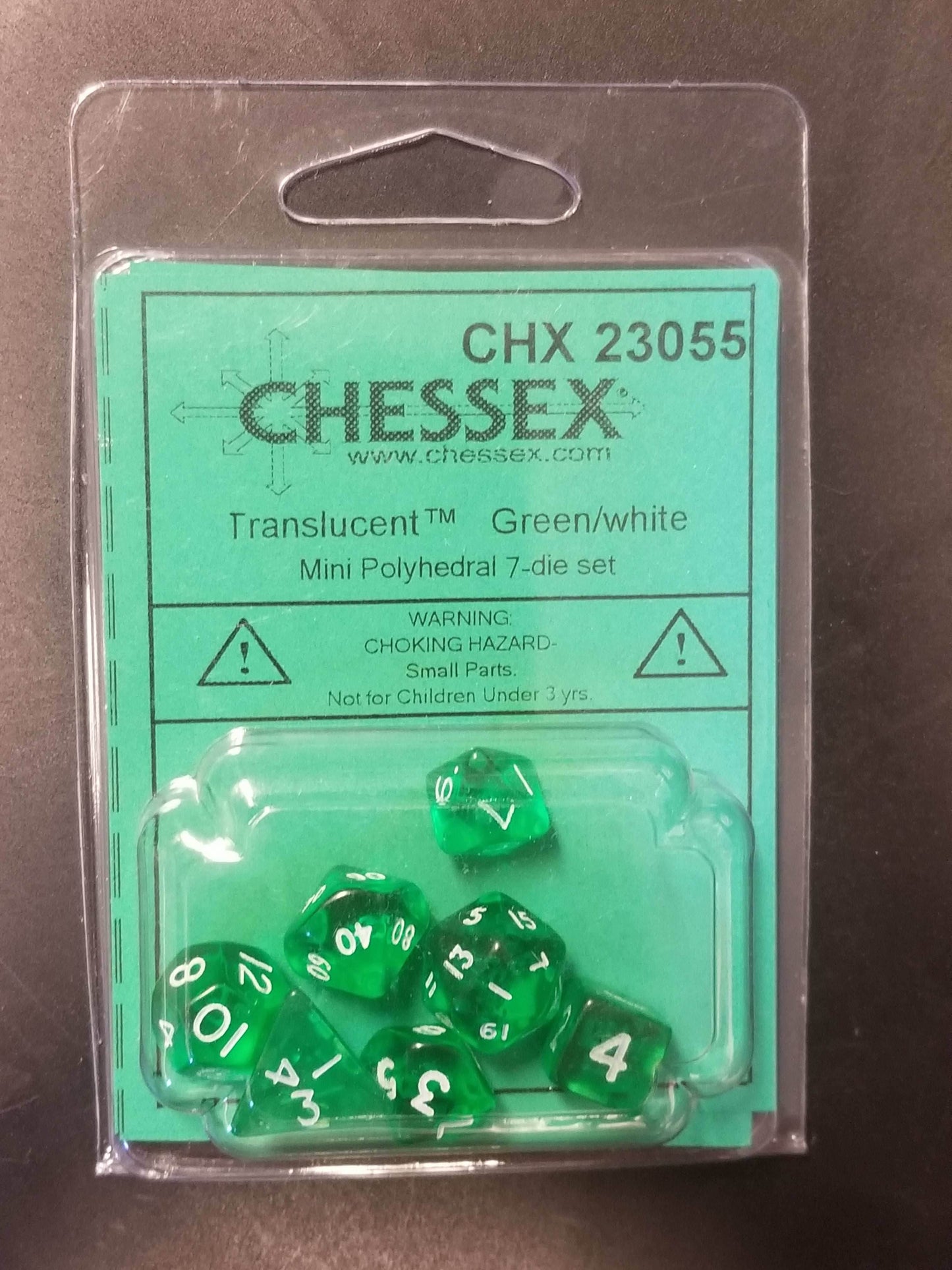 Chessex Translucent Green w/ White Mini Polyhedral 7-die Set CHX 23055 OOP - 
