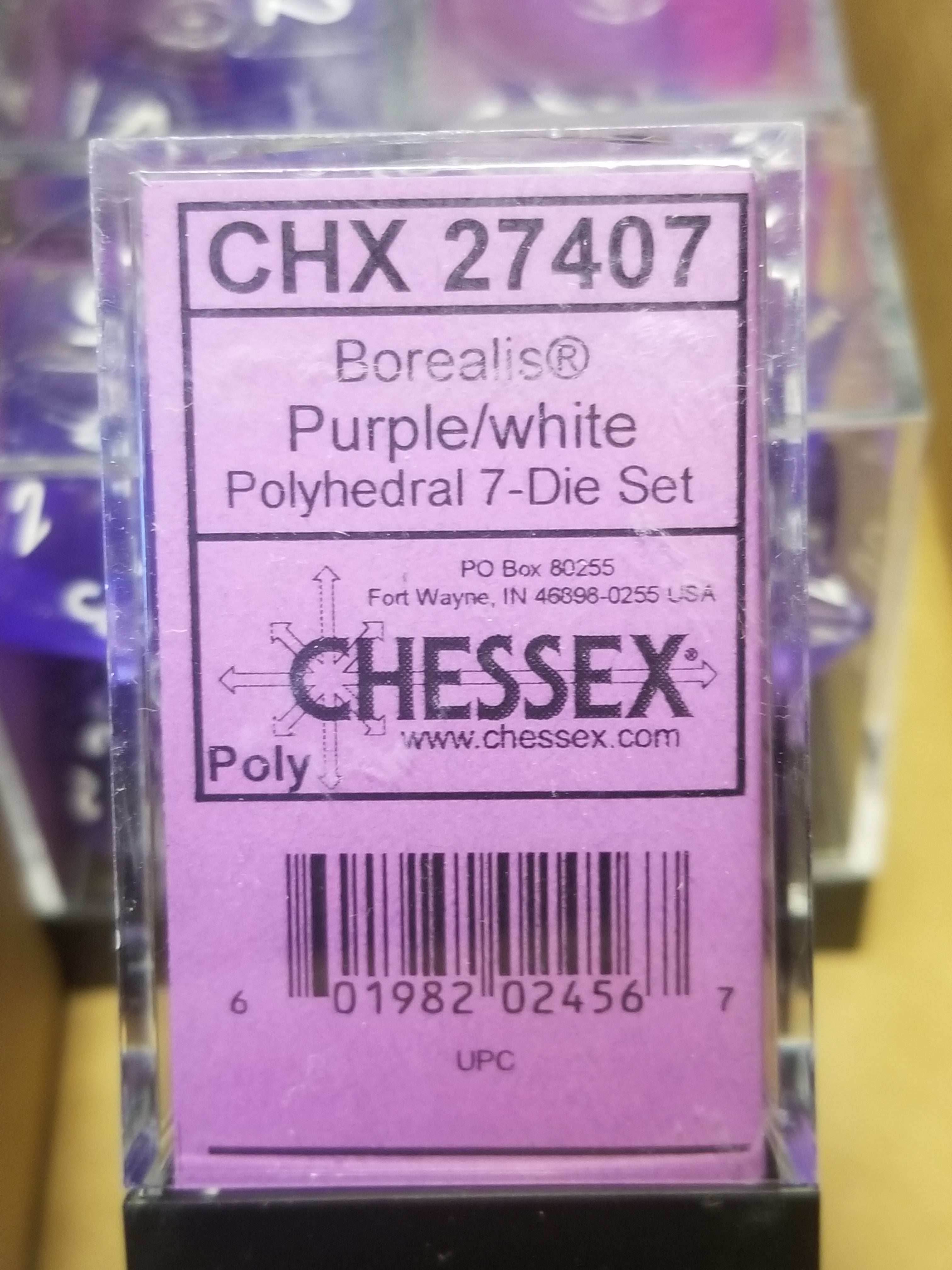 CHX 27407 7-Die Borealis Purple w/ White Numbers Set 7-Dice Chessex - 