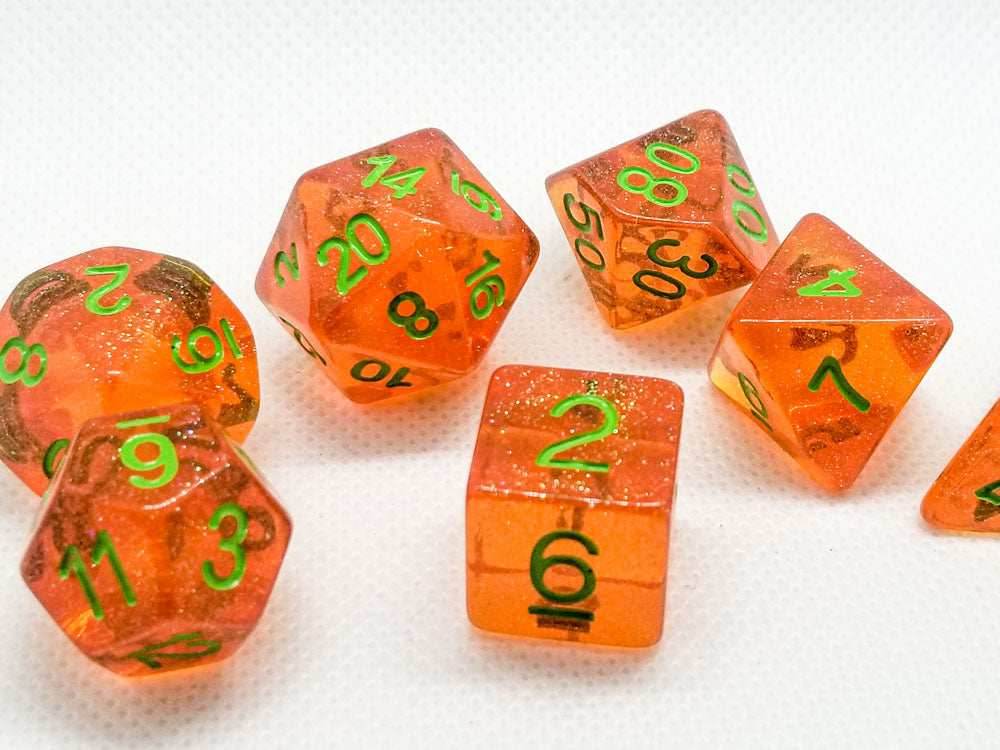 Time Walker | Orange w/Green Glitter 7-Dice Set RPG Dice Set - 
