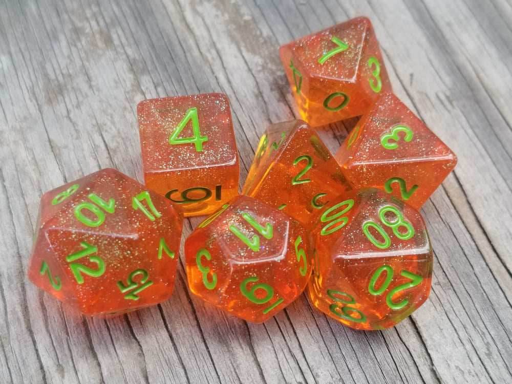 Time Walker | Orange w/Green Glitter 7-Dice Set RPG Dice Set - 