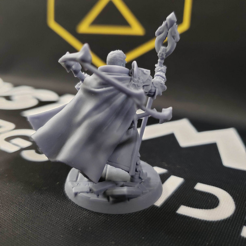 Battlemage Matija (Male Human Sorcerer) - With Hood & Helmet / Grimoire With Spell / Sword