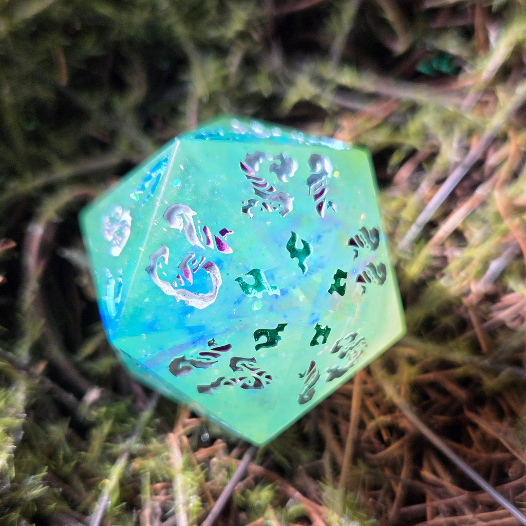 'Spring Fling' OOAK Handmade Resin Rainbow Mylar 30mm D20 Chonky Boi Polyhedral Gaming Dice TTRPG