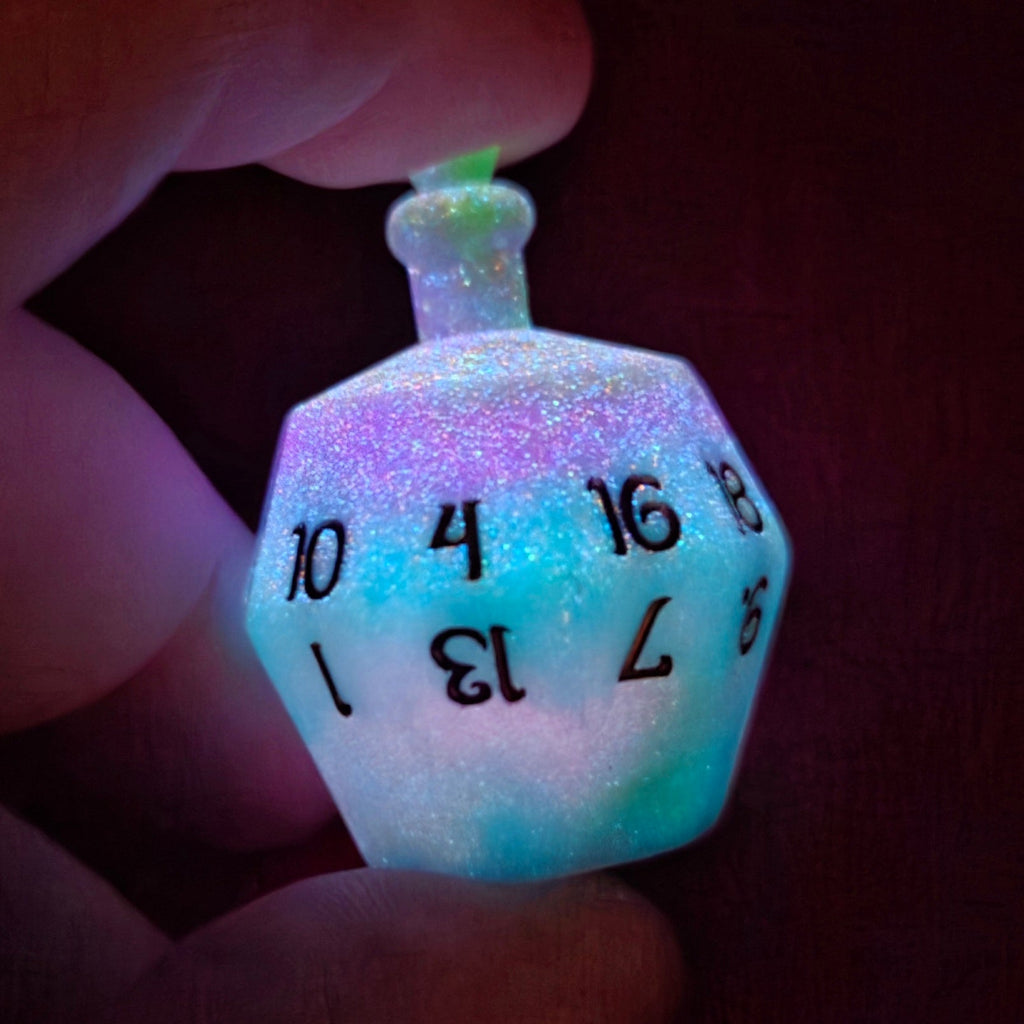 Individual Potion Bottle Alternative Shaped Functional TTRPG Handmade Resin D20 Gaming Dice Glow in the Dark
