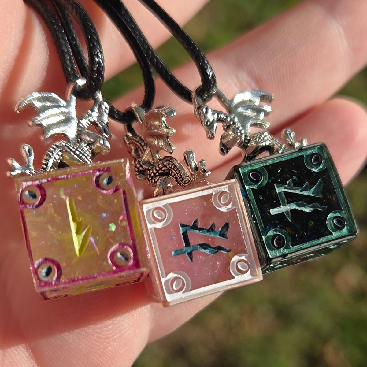 'Dragon’s Hoard' Individual Mimic Style Handmade Resin OOAK D6 Dice Pendant Necklace