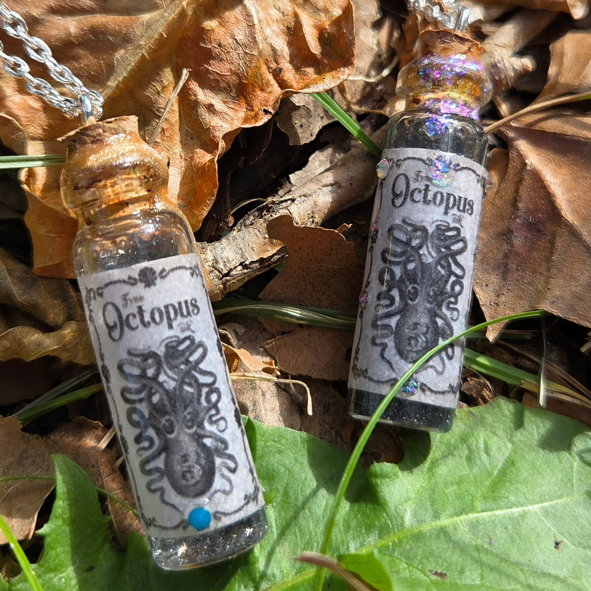 'Octopus Ink' Individual Handmade Colorshifting Black Liquid Potion Bottle Necklaces with Swarovski Crystals
