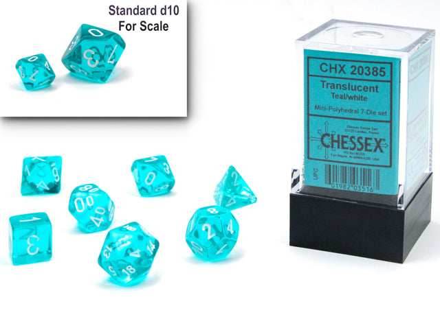Translucent Mini-Polyhedral Teal/white 7-Die Set (Mini Poly Release 1) - 