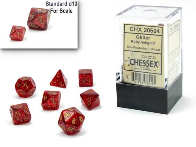 Glitter Mini-Polyhedral Ruby Red/gold 7-Die Set (Mini Poly Release 1) - 