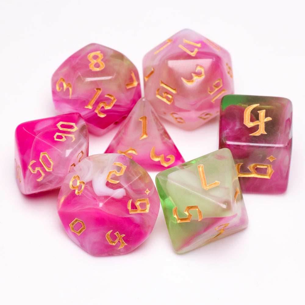 Superbloom 7-Dice Dnd Dice Pink | Green w/Gold Numbers Set - 