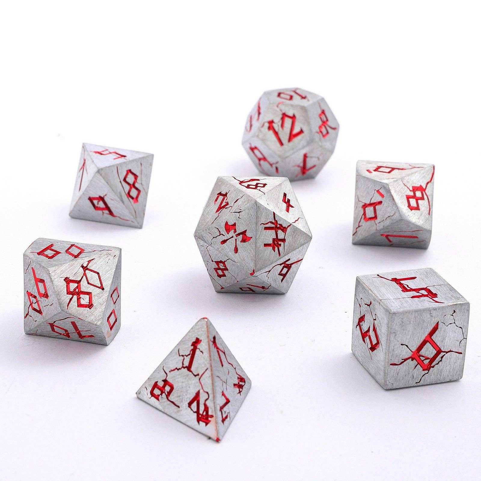 Barbarian Solid Metal Polyhedral Dice Set - Matte Silver Red - 