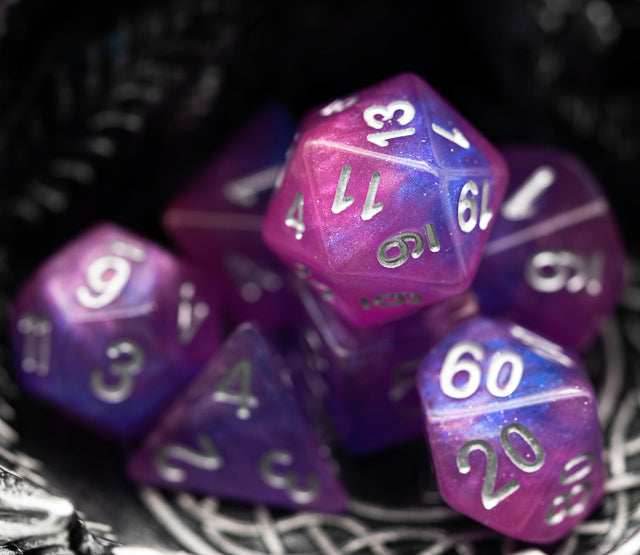 Pink & Blue w/silver Galaxy Glitter 7-Dice Set RPG - 