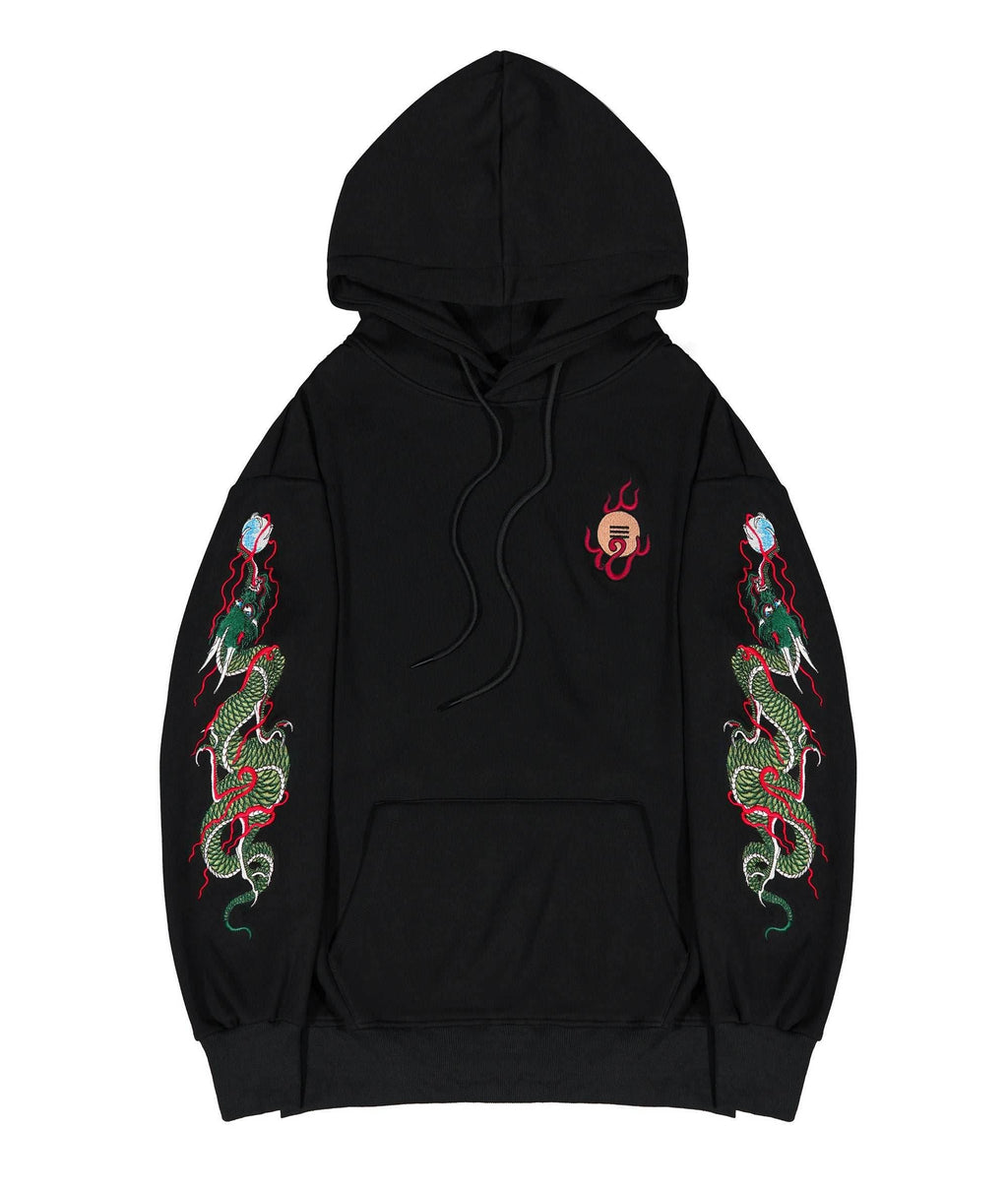 KH9005 Green Dragon Embroidery Hoodie - Black / S