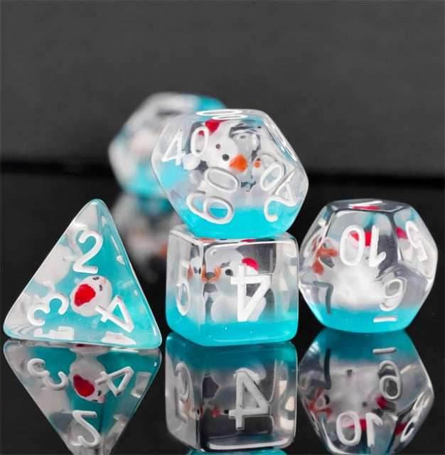 White Duck Red Hat on Blue 7-Dice Set w/White Numbers Dnd Dice Set - 