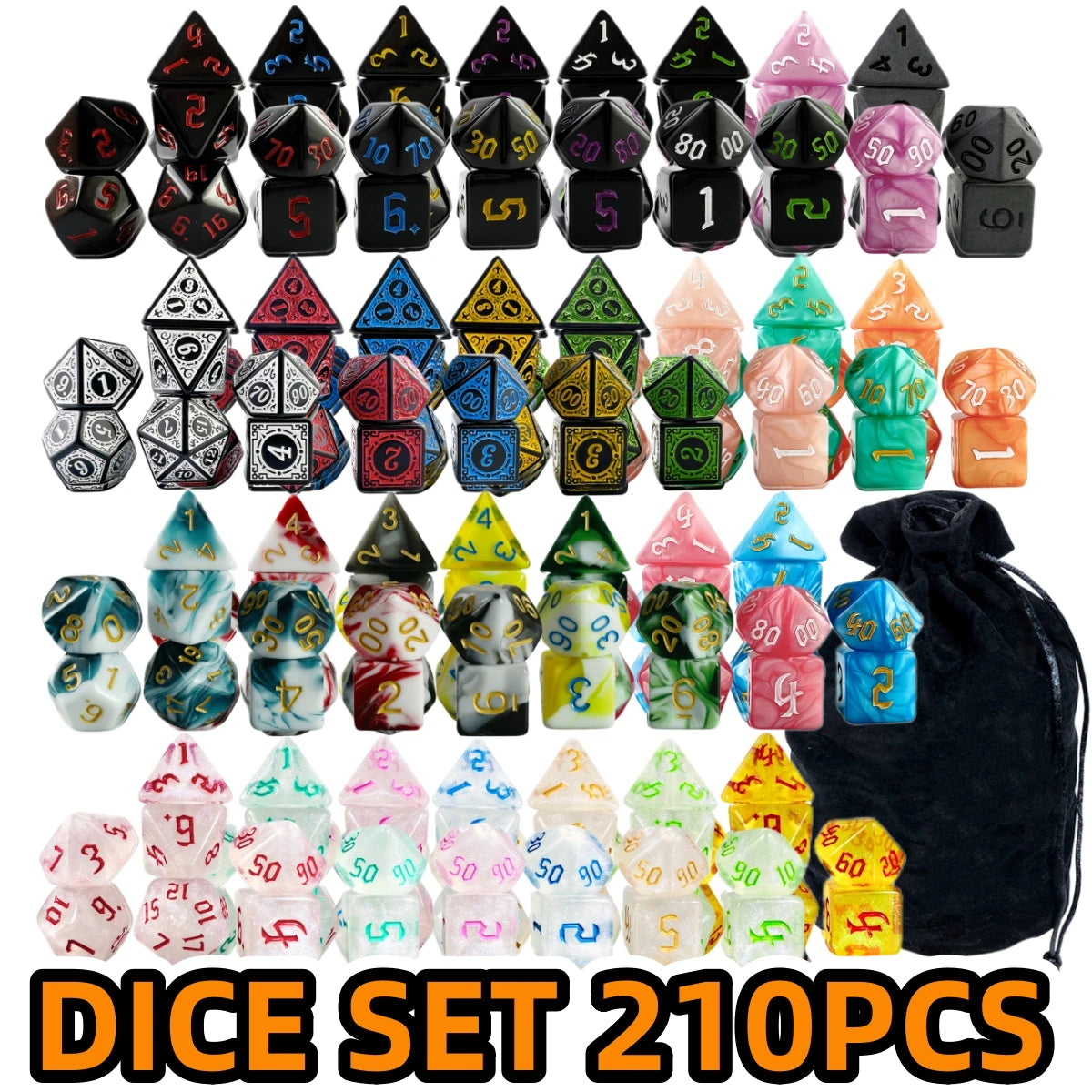 210pcs Polyhedral Dice with Bag ,30 Sets DND Dice  Set , T&G Dice Set for D&D, RPG, Table Games