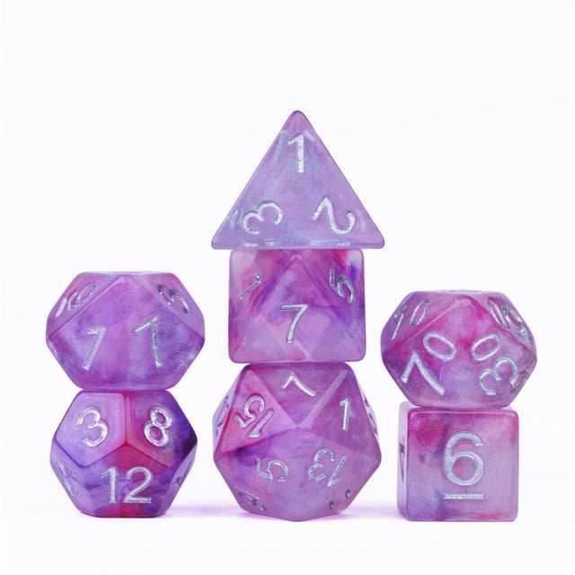 Resin Galaxy Purple 7-Dice Dnd Dice | Glitter w/Silver Numbers Set - 
