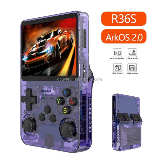 R36S Portable Handheld Retro Arcade Joystick All-in-One Open-Source Gaming Console - Purple / 64G