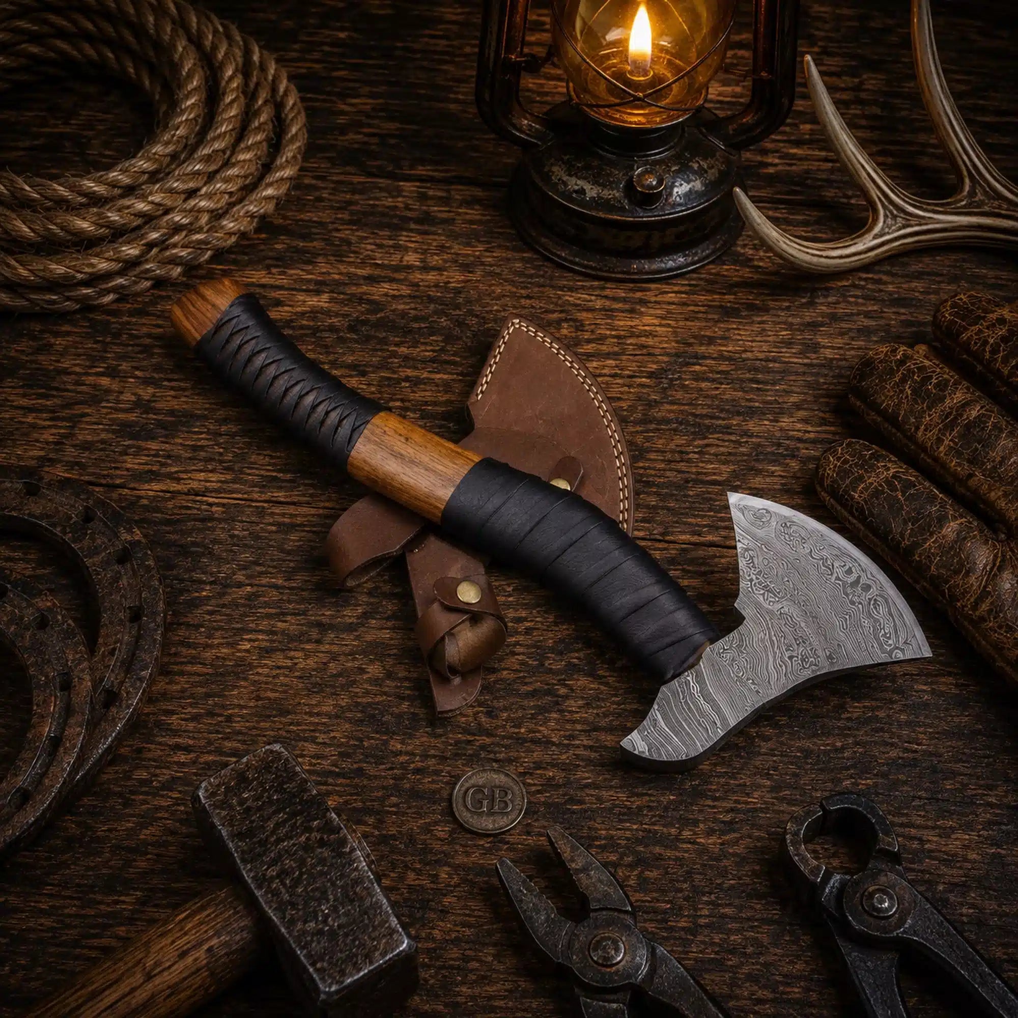 Best Handmade Damascus Tomahawk Axe Black Hawk with Belt Leather Sheath