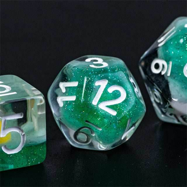 Gold Fish Green 7-Dice Dnd Dice | Glitter w/White Numbers Set - 