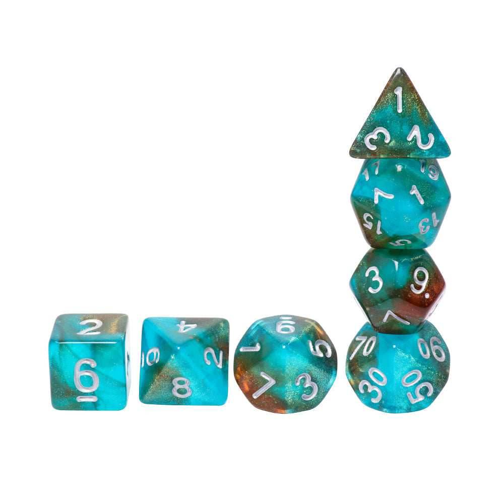 Neverland 7-Dice Set Teal/Orange w/Silver Numbers Dnd Dice Set (Blacklight reactive) - 