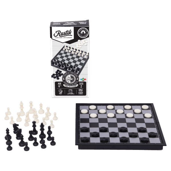 Travel Games: Rustik Foldable Magnetic Checkers/Chess (Black/White) - 