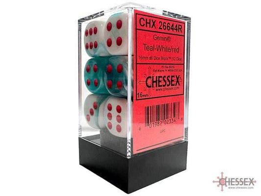 Limited Edition Gemini® 16mm d6 Teal-White/red Dice Block™ (12 dice) - 