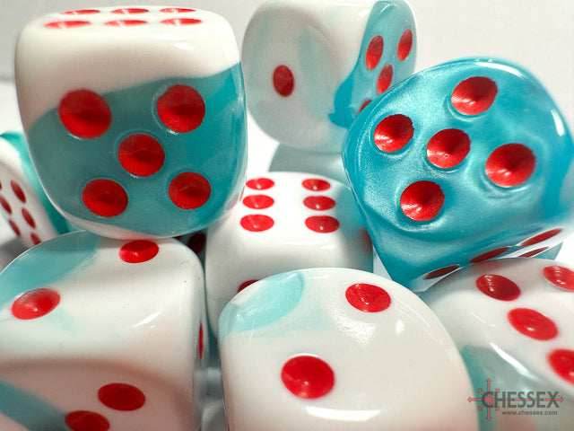 Limited Edition Gemini® 16mm d6 Teal-White/red Dice Block™ (12 dice) - 