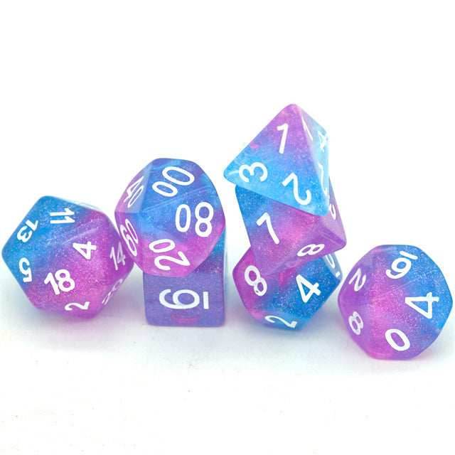 Purple Blue Two Tone 7-Dice Dnd Dice | Glitter w/White Numbers Set - 