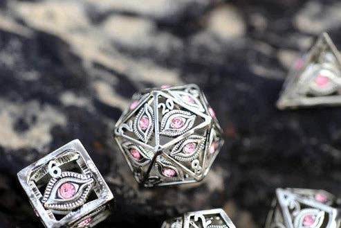 Dragon's Eye Hollow Metal Dice Set - Pink Gems - 