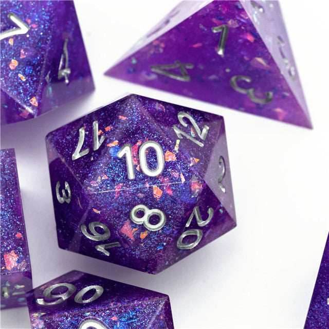 Purple Glitter Sharp Edge DND Dice Set | Gold Flake w/Silver Numbers - 