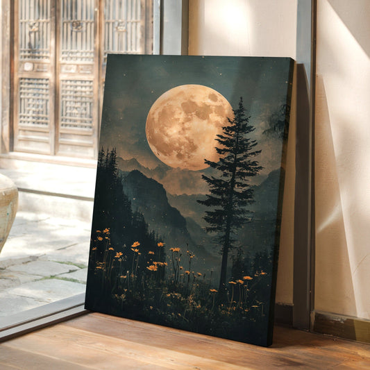 Harvest Moon Forest: Serene Mountain Landscape Canvas Wall Art