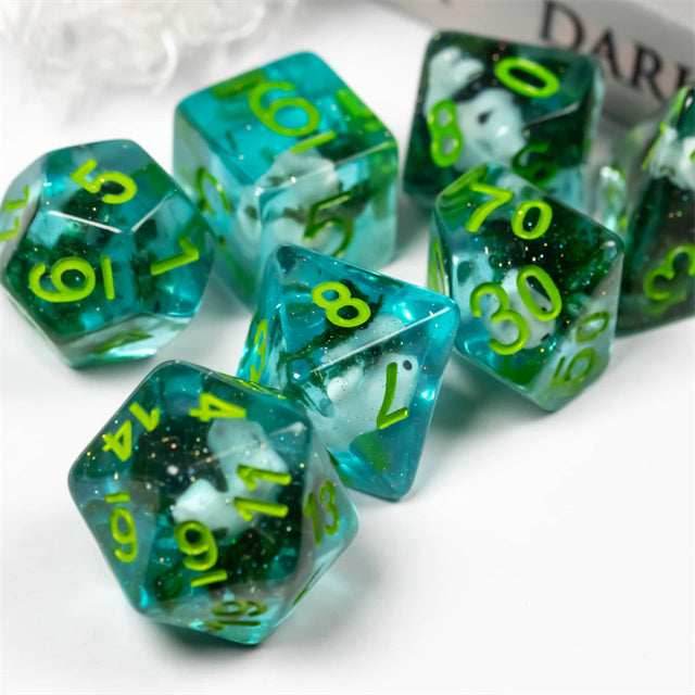 White Fish Seaweed 7-Dice Set w/Green Numbers Dnd Dice Set - 
