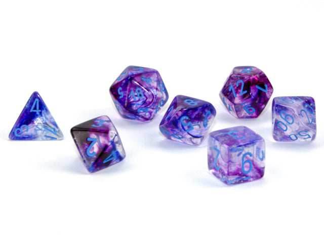 Nebula Nocturnal/blue Luminary 7-Dice/16mm/12mm/30mm/Ten10's - 7-Dice Set