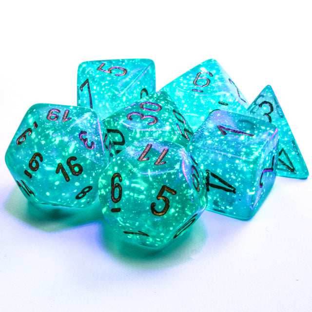Borealis Teal/gold 7-Dice / 16mm / 12mm / 30mm Luminary - 7-Dice