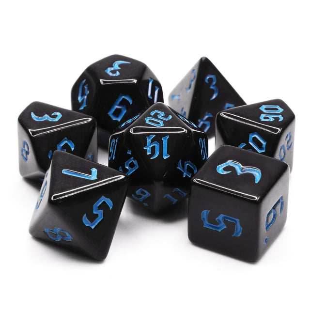 Economy Black Dice (Blue font) 7-Dice Set RPG DND - 