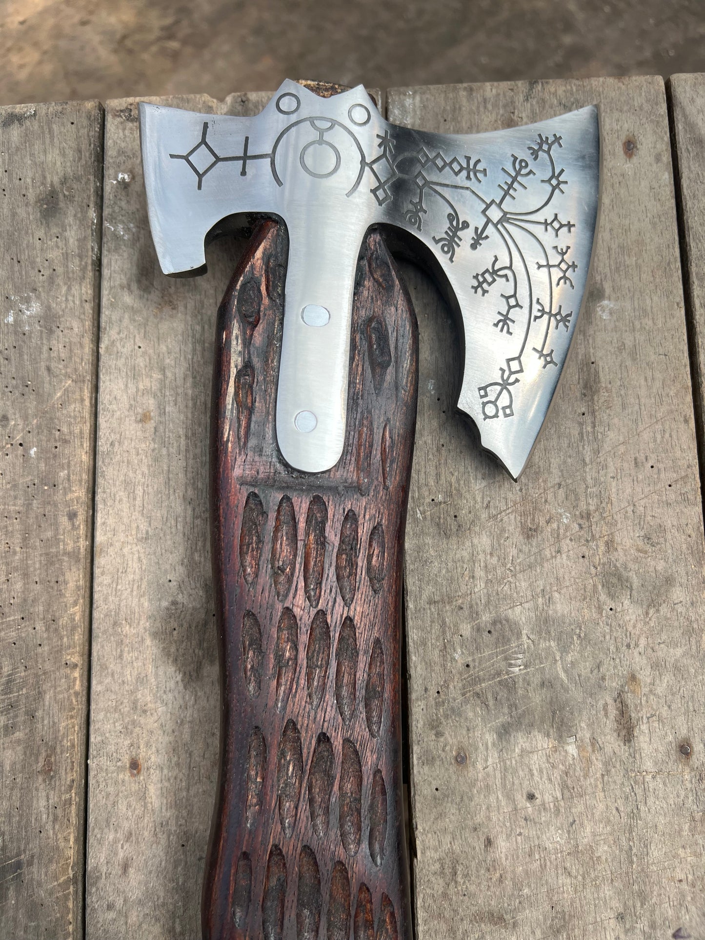 Hand Engraved Viking Double-Bit Axe with Carved Hardwood Handle and Norse Rune Detailing | Handmade Damascus Steel Collector Axe | JW SteelCrafts
