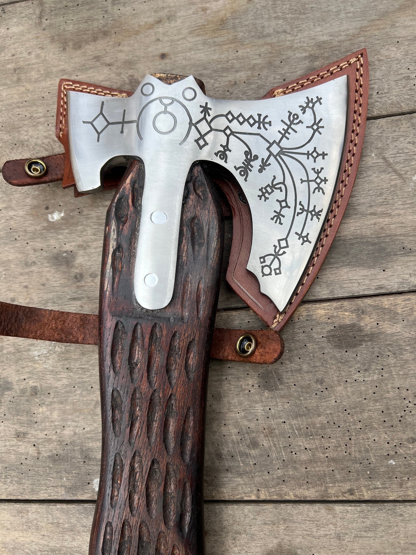 Hand Engraved Viking Double-Bit Axe with Carved Hardwood Handle and Norse Rune Detailing | Handmade Damascus Steel Collector Axe | JW SteelCrafts