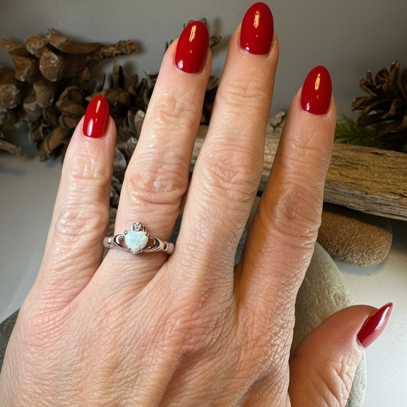 White Fire Opal Claddagh Ring