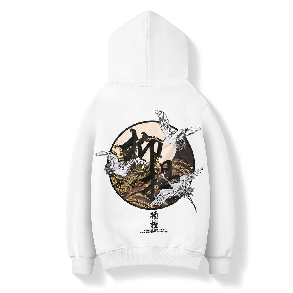 KH9332 Movement of Cranes Embroidery Hoodie - White / S