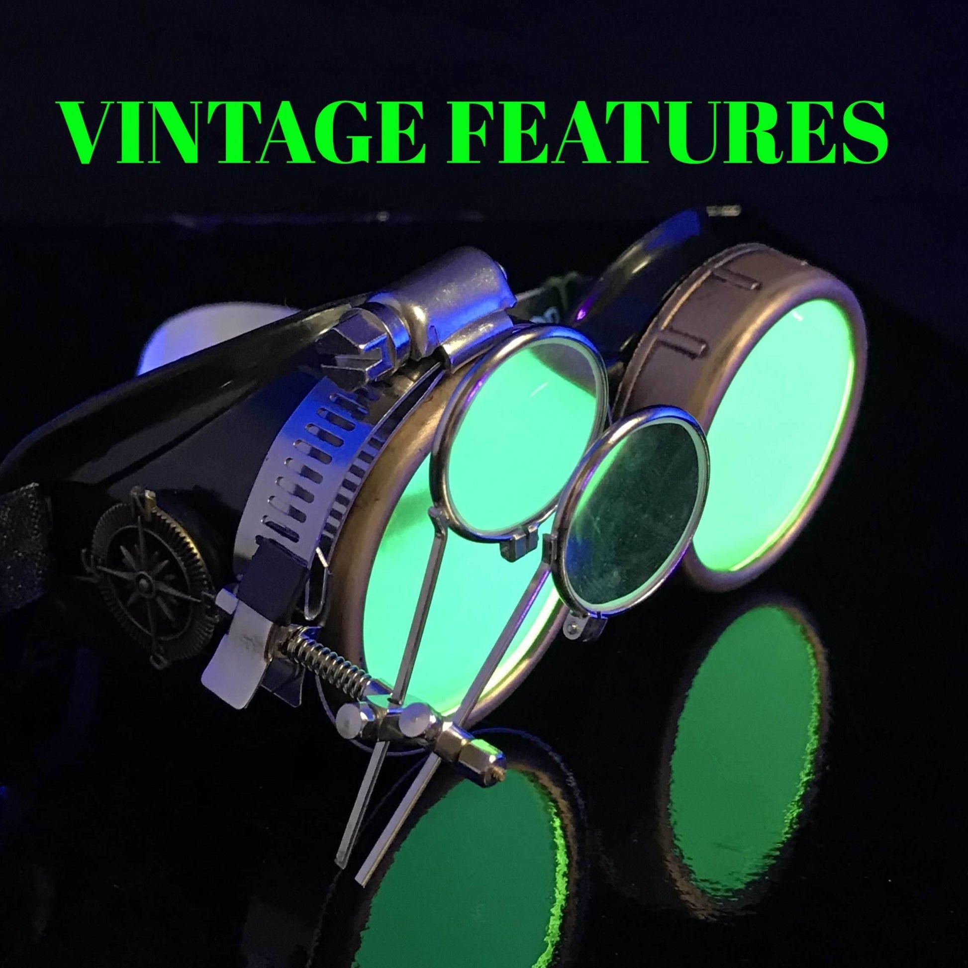Steampunk Goggles with magnifying loupes UV glow neon green lenses - 