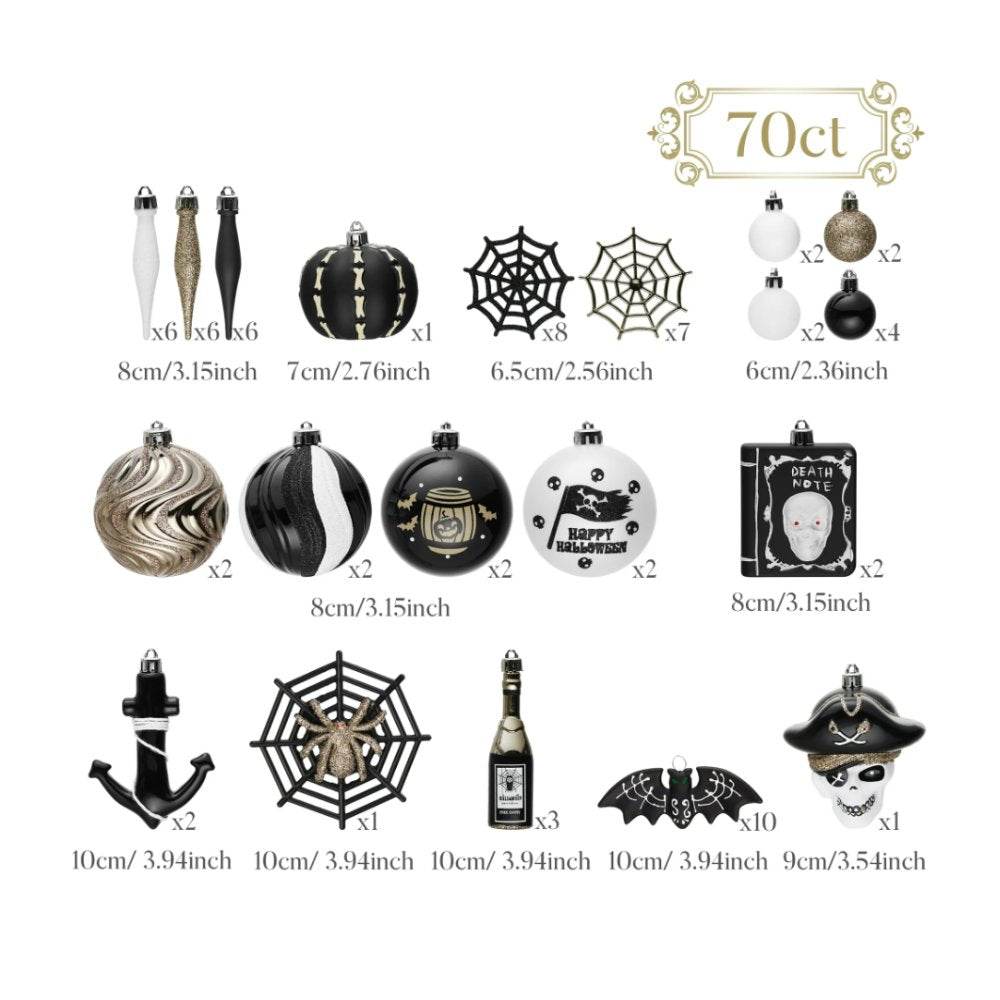 Halloween Christmas Tree Ornaments Set, 70-Piece Black & White Gothic Ornaments - 