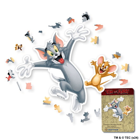Cheerful Tom & Jerry Wooden Jigsaw Puzzle - A4 + Wooden Gift Box