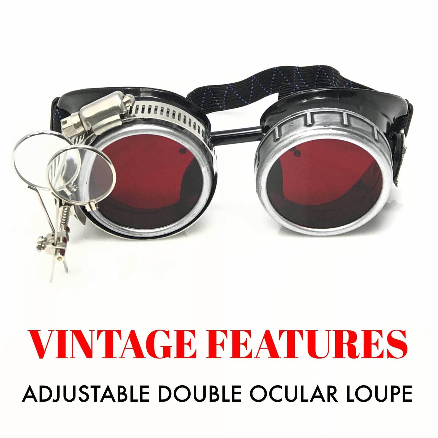 Diesel goth punk Metallic Goggles with magnifying eye loupes red lenses - 