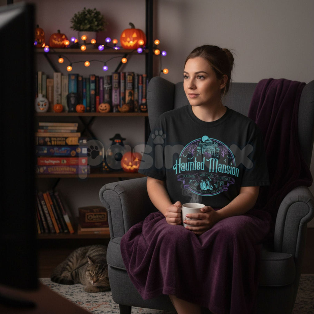 Vintage Haunted Mansion Hitchhiking Ghosts T-Shirt - Retro Halloween "Welcome Foolish Mortals" Tee, Premium 100% Cotton Disney Vacation Top, Funny Spooky Family Trip Shirt, Classic 999 Happy Haunts Graphic, Soft Lived-In Heavyweight Theme Park Apparel