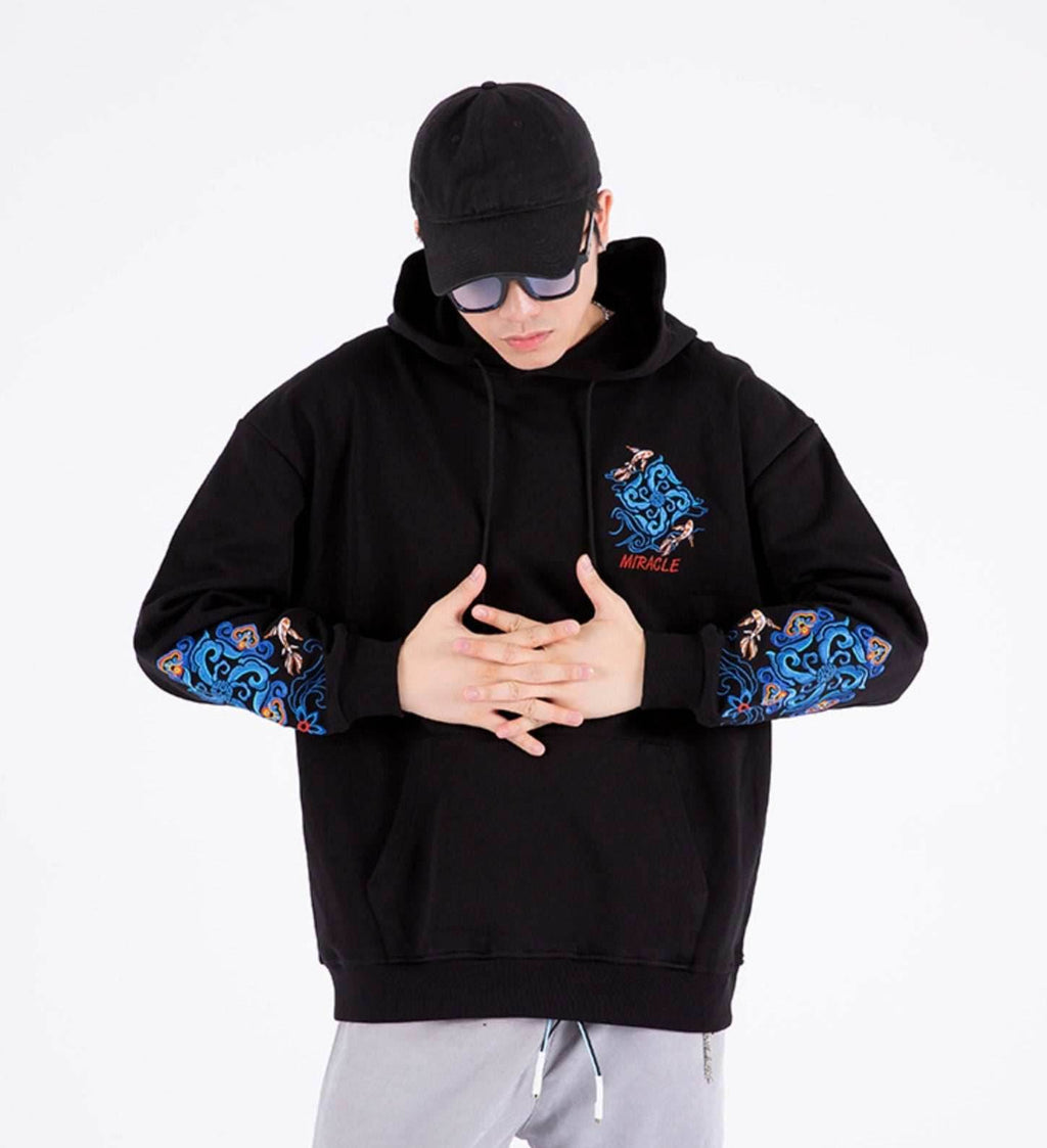 KH9201 Fish Art Embroidery Hoodie - Black / S
