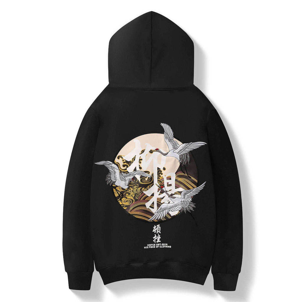 KH9332 Movement of Cranes Embroidery Hoodie - Black / S