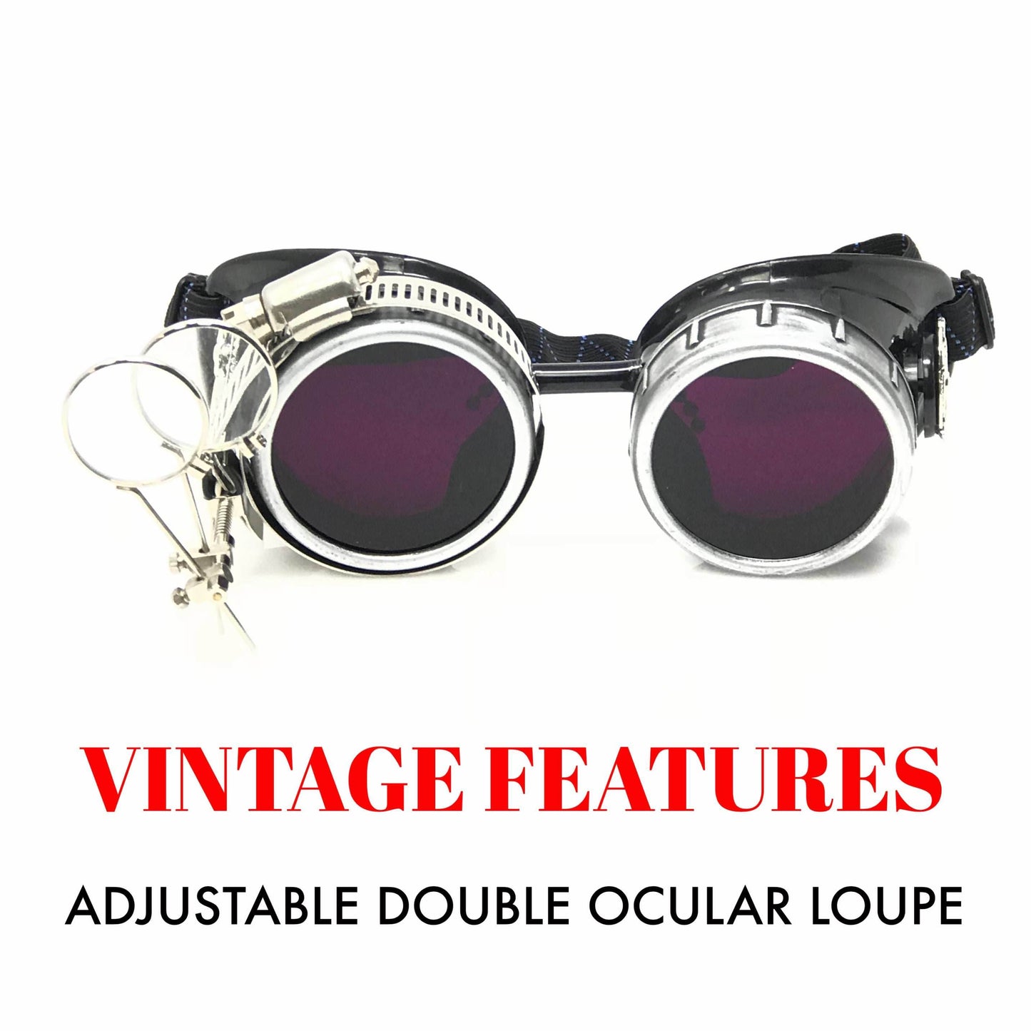 Diesel goth punk Biker Goggles with magnifying eye loupes purple lenses - 