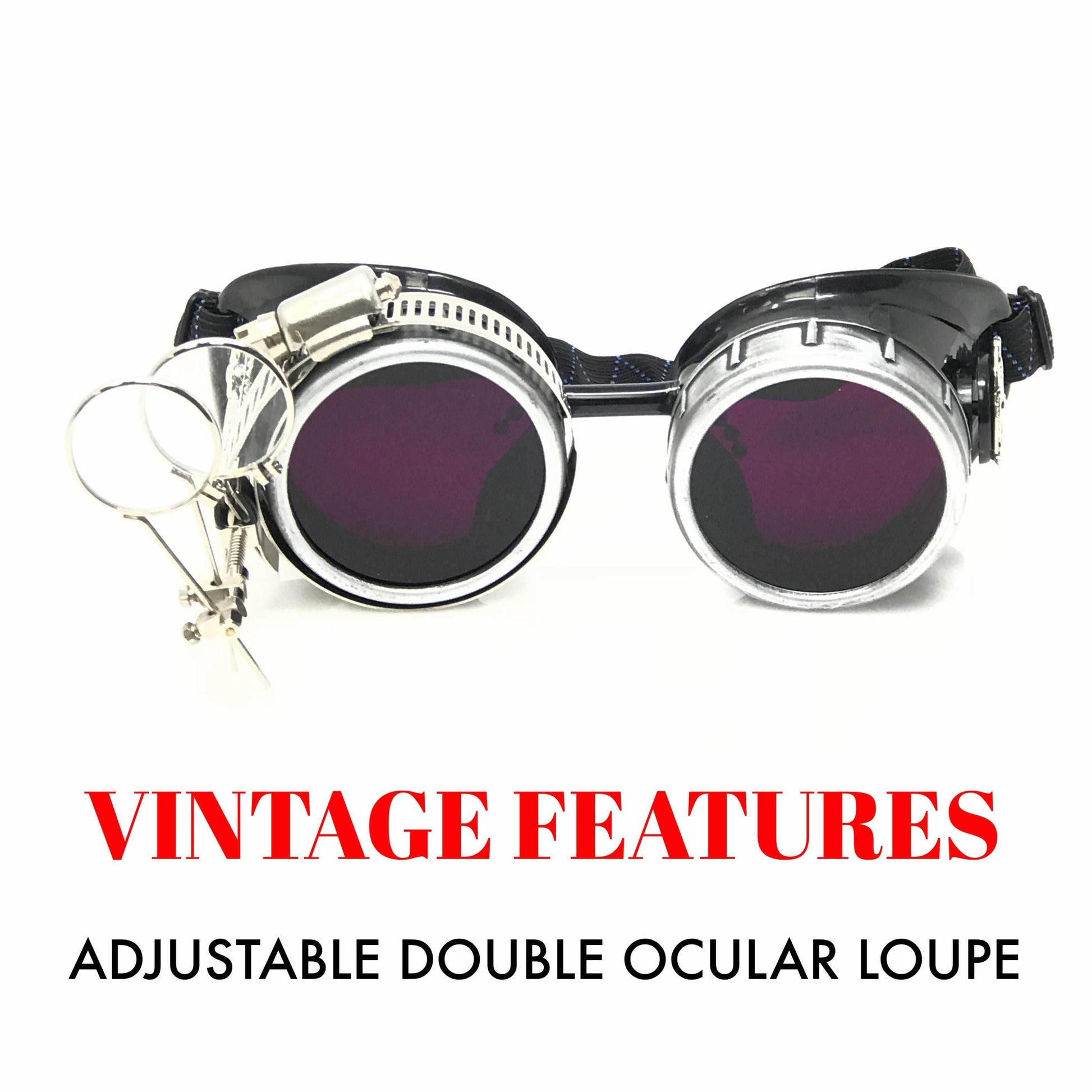 Diesel goth punk Biker Goggles with magnifying eye loupes purple lenses - 