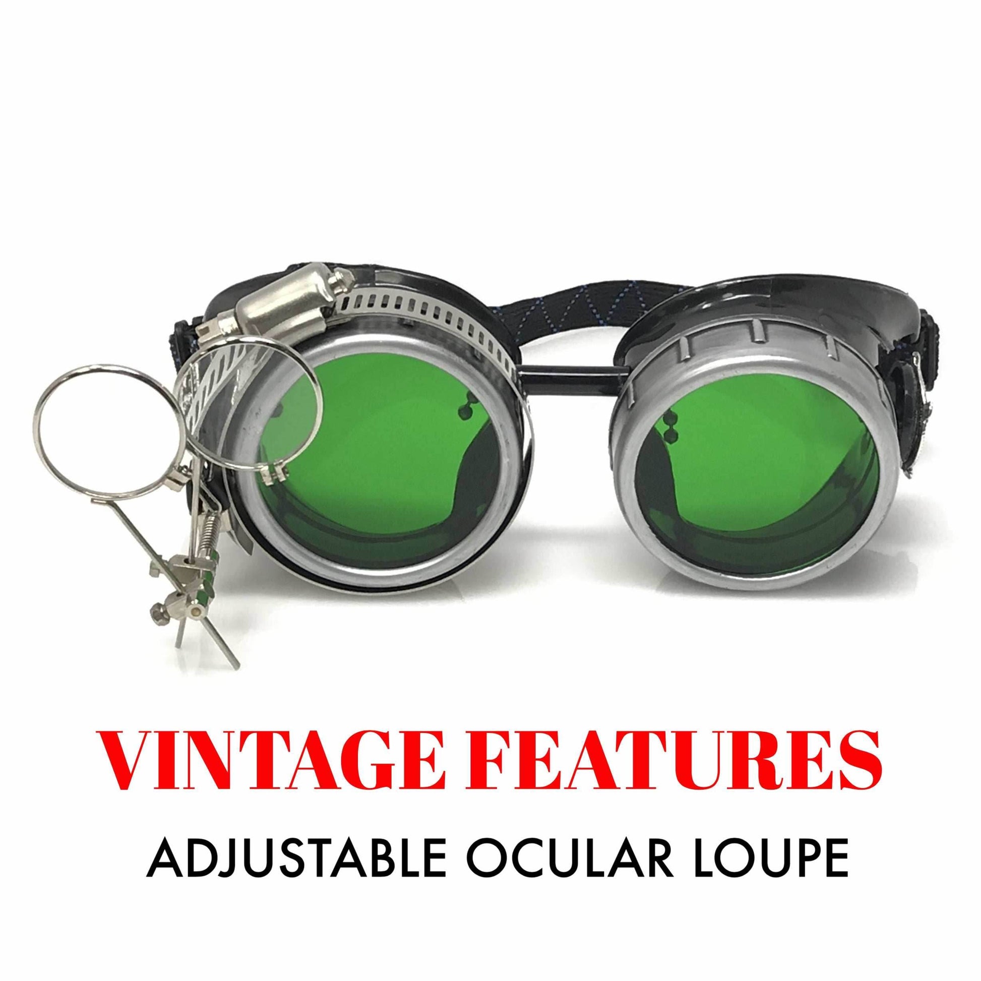 Diesel goth punk Biker Goggles with magnifying eye loupes green lenses - 