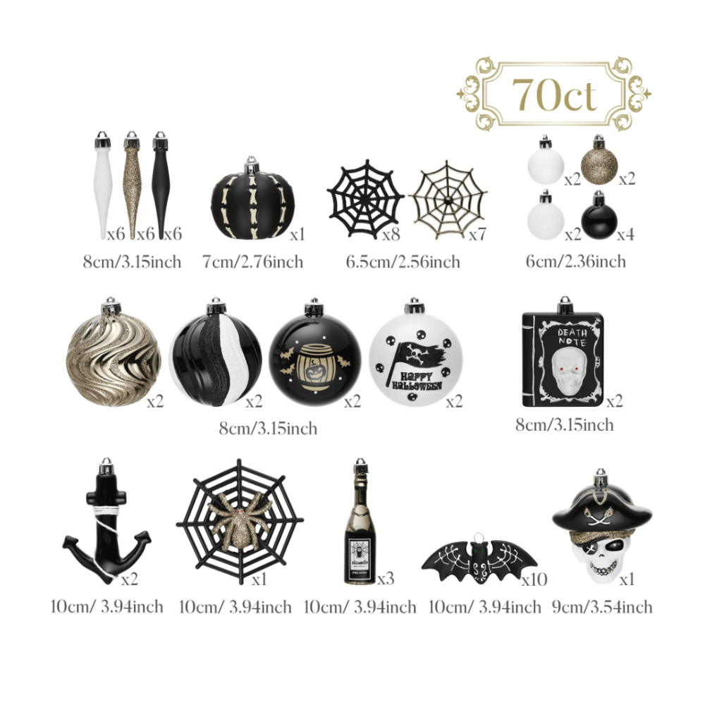 Halloween Christmas Tree Ornaments Set, 70-Piece Black & White Gothic Ornaments - 