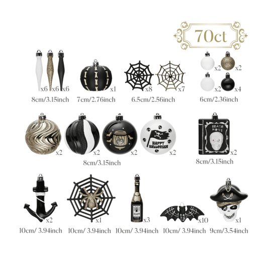 Halloween Christmas Tree Ornaments Set, 70-Piece Black & White Gothic Ornaments - 